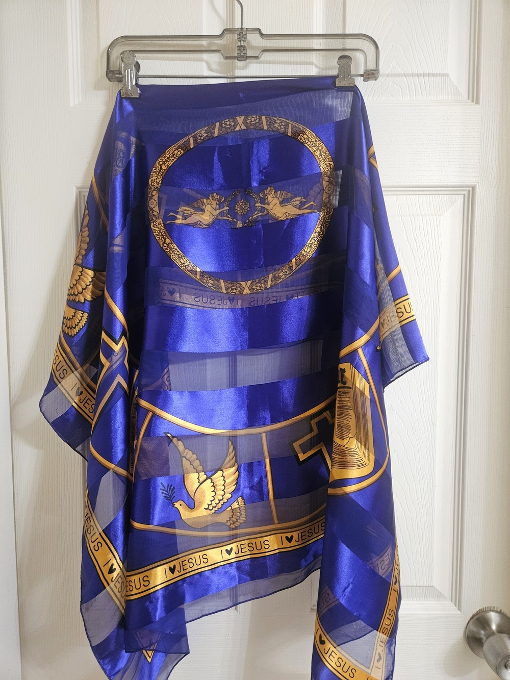 White & Gold Religious Print Satin Scarf - Picture 12 of 12